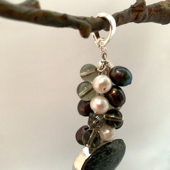 Pearl Dangle Pendant with Swarovski Crystals, Jasper Gemstone - Sterling Silver - Picture 4 of 5